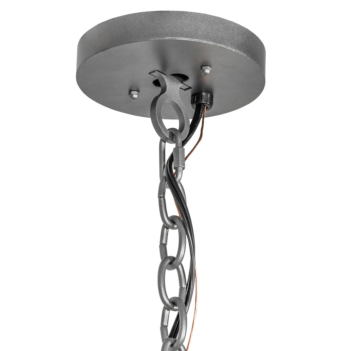 Mounting canopy and chain detail of the 16 light chandelier.