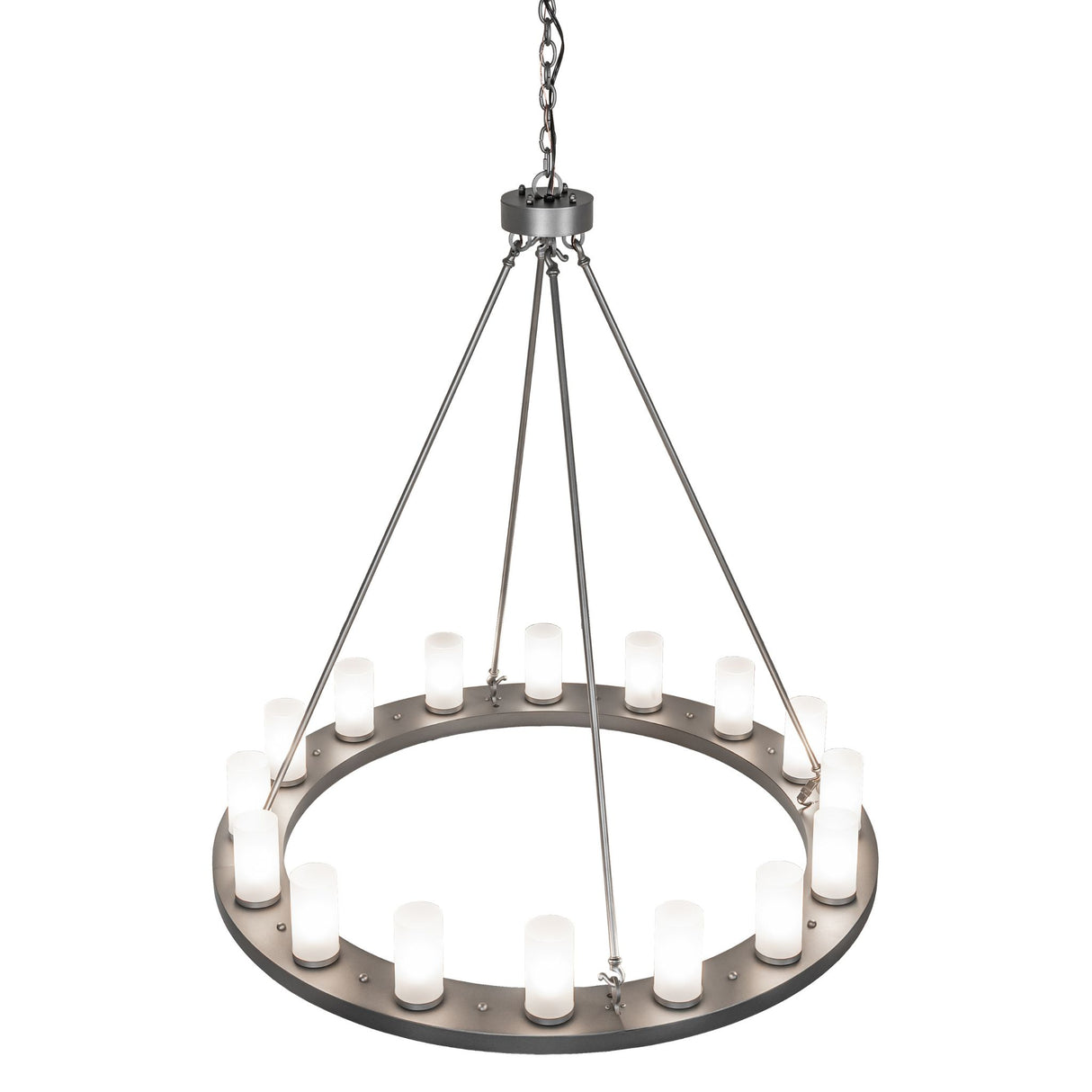 Top down view of the chandelier revealing ring shape and structural rods.