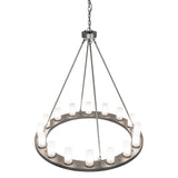 Top down view of the chandelier revealing ring shape and structural rods.