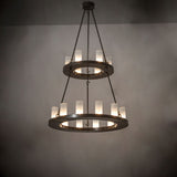 Loxley two tier chandelier installed in an interior showing warm ambient lighting.