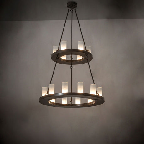 Loxley two tier chandelier installed in an interior showing warm ambient lighting.
