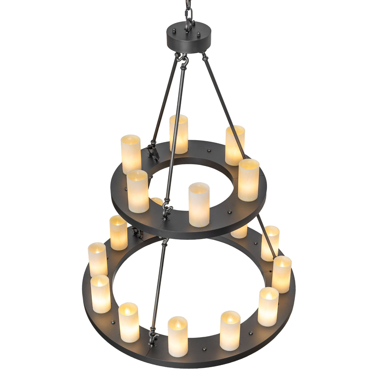 Angled view of the Loxley two tier chandelier emphasizing layered ring design and candle cylinders.
