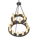 Angled view of the Loxley two tier chandelier emphasizing layered ring design and candle cylinders.