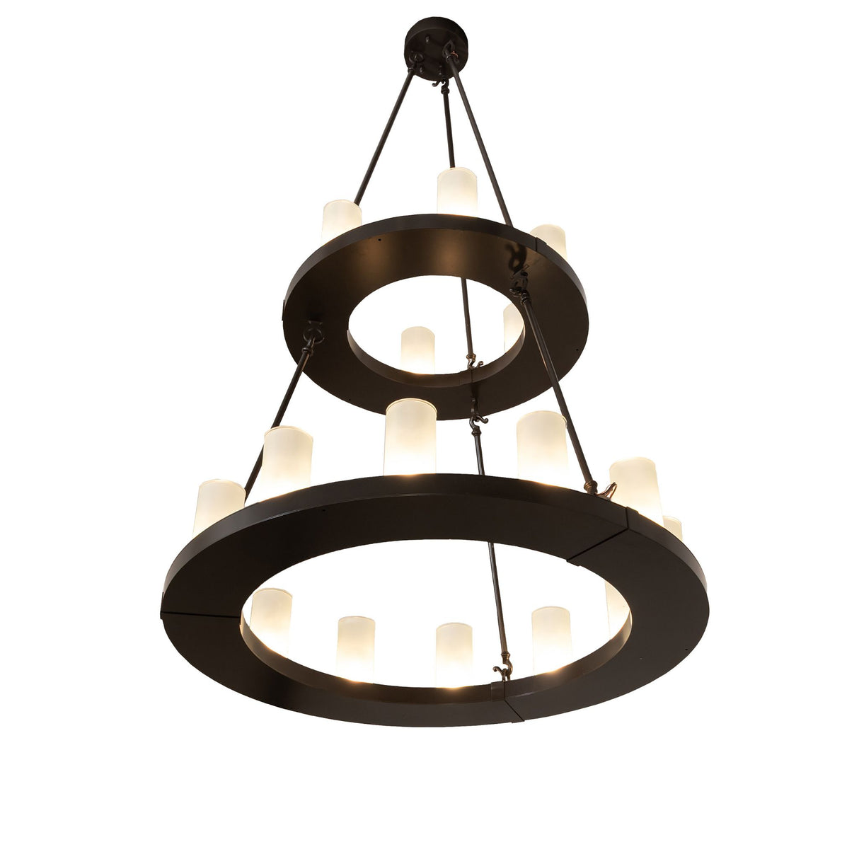 Angled view of the chandelier highlighting dual circular rings.