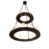 Angled view of the chandelier highlighting dual circular rings.