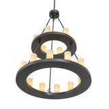 Bottom angle view of Loxley 18 light chandelier showing inner and outer ring illumination.