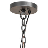 Canopy view of 18 light two tier chandelier showing round ceiling mount and chain suspension.
