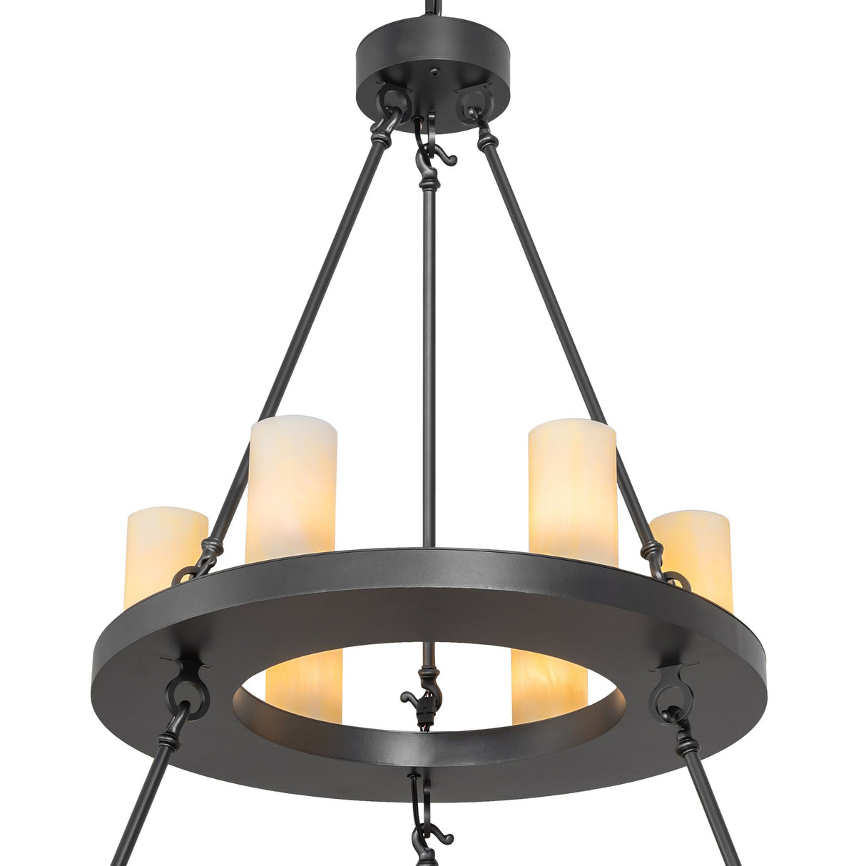 Close-up detail of chandelier highlighting Botticino Idalight cylinders and metal ring finish.