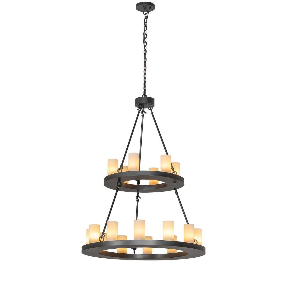 Full view of the two-tier chandelier highlighting balanced proportions and symmetrical ring design.