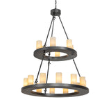 Loxley 18 light two tier chandelier lit, featuring Botticino Idalight cylinders and wrought iron finish.