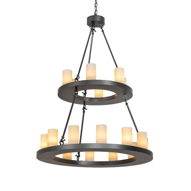 Loxley 18 light two tier chandelier lit, featuring Botticino Idalight cylinders and wrought iron finish.