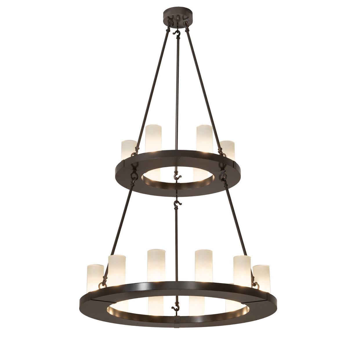Loxley two tier chandelier illuminated with frosted glass cylinder lights.
