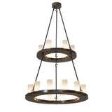 Loxley two tier chandelier illuminated with frosted glass cylinder lights.