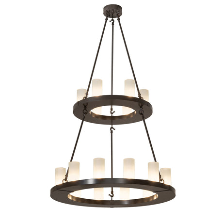 Loxley two tier chandelier illuminated with frosted glass cylinder lights.
