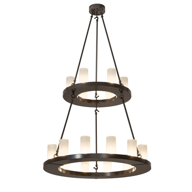 Loxley two tier chandelier illuminated with frosted glass cylinder lights.