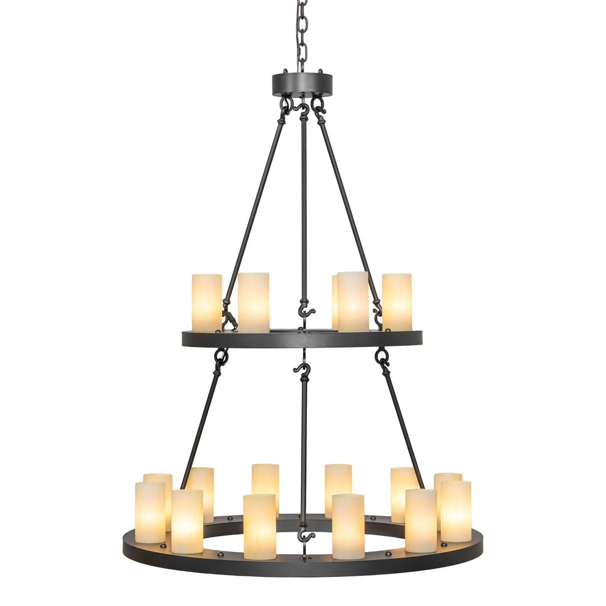 Side view of Loxley 18 light two tier chandelier with suspended rings and vertical support rods.