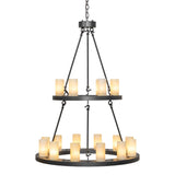 Side view of Loxley 18 light two tier chandelier with suspended rings and vertical support rods.