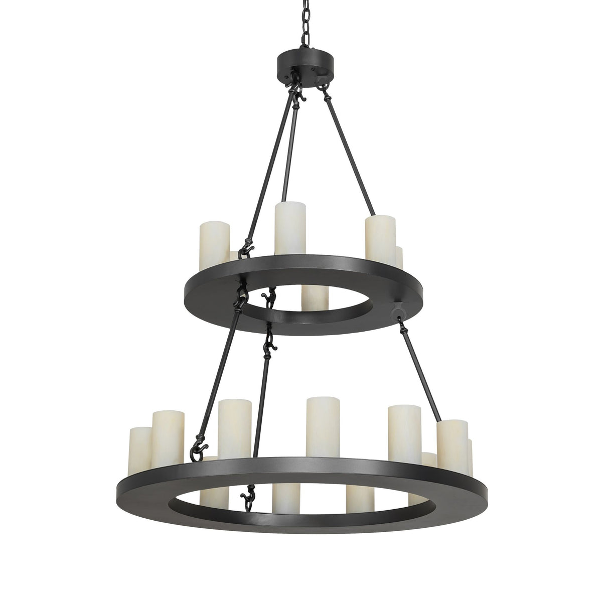 Unlit view of Loxley 18 light two tier chandelier highlighting circular tiers and modern iron framework.
