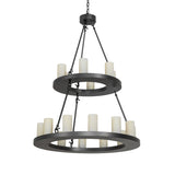 Unlit view of Loxley 18 light two tier chandelier highlighting circular tiers and modern iron framework.