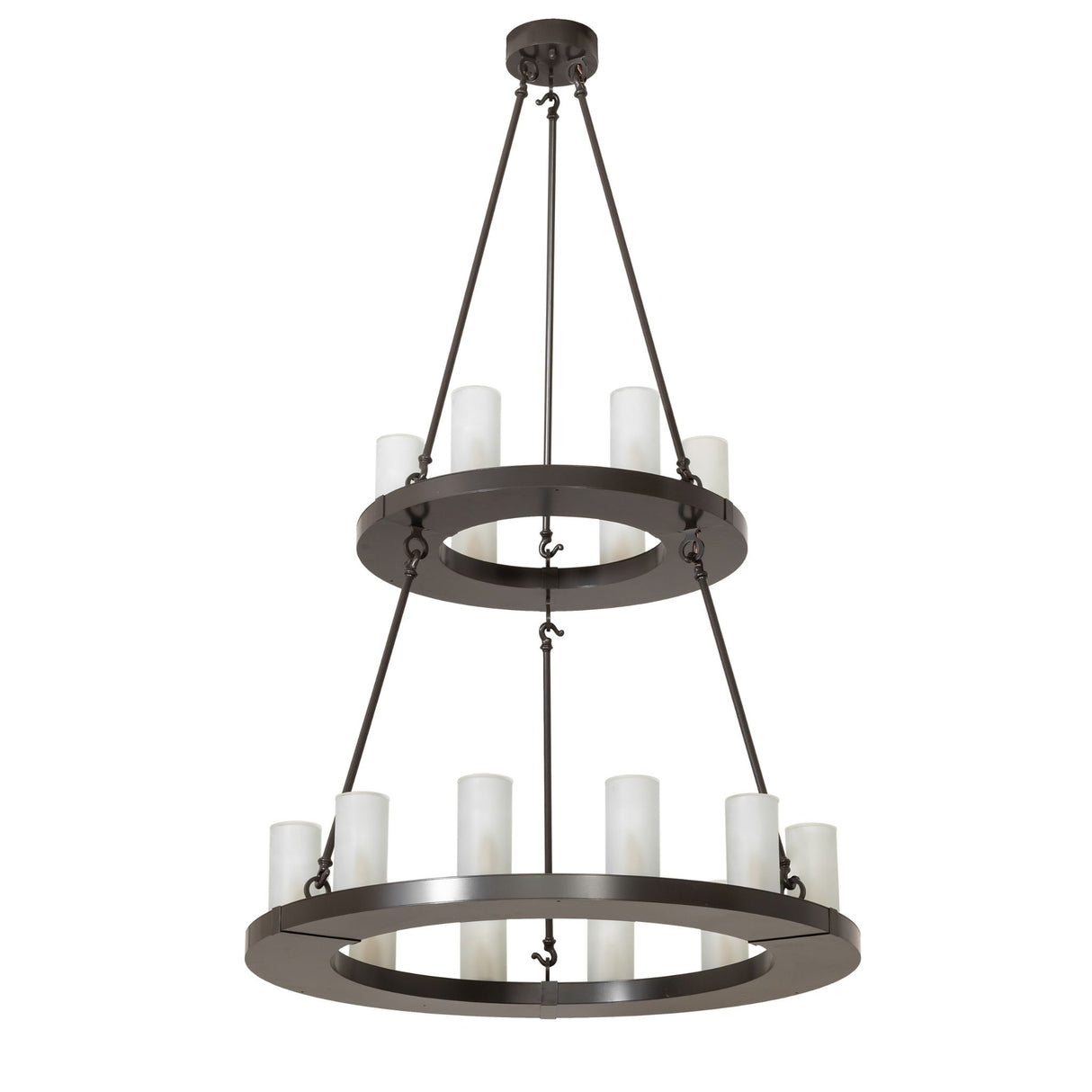 Unlit view of the chandelier with frosted glass cylinders and bronze rings.