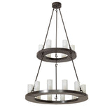 Unlit view of the chandelier with frosted glass cylinders and bronze rings.
