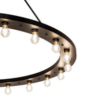 Detailed view of Edison-style bulbs mounted along the solar black metal ring.
