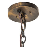 Ceiling canopy and chain detail of the Loxley 20 light chandelier in antique black finish.