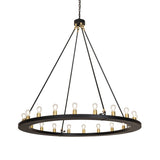 Loxley 20 light chandelier illuminated, showing circular ring and exposed Edison bulbs.