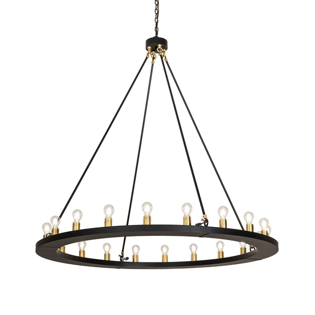 Loxley 20 light chandelier illuminated, showing circular ring and exposed Edison bulbs.