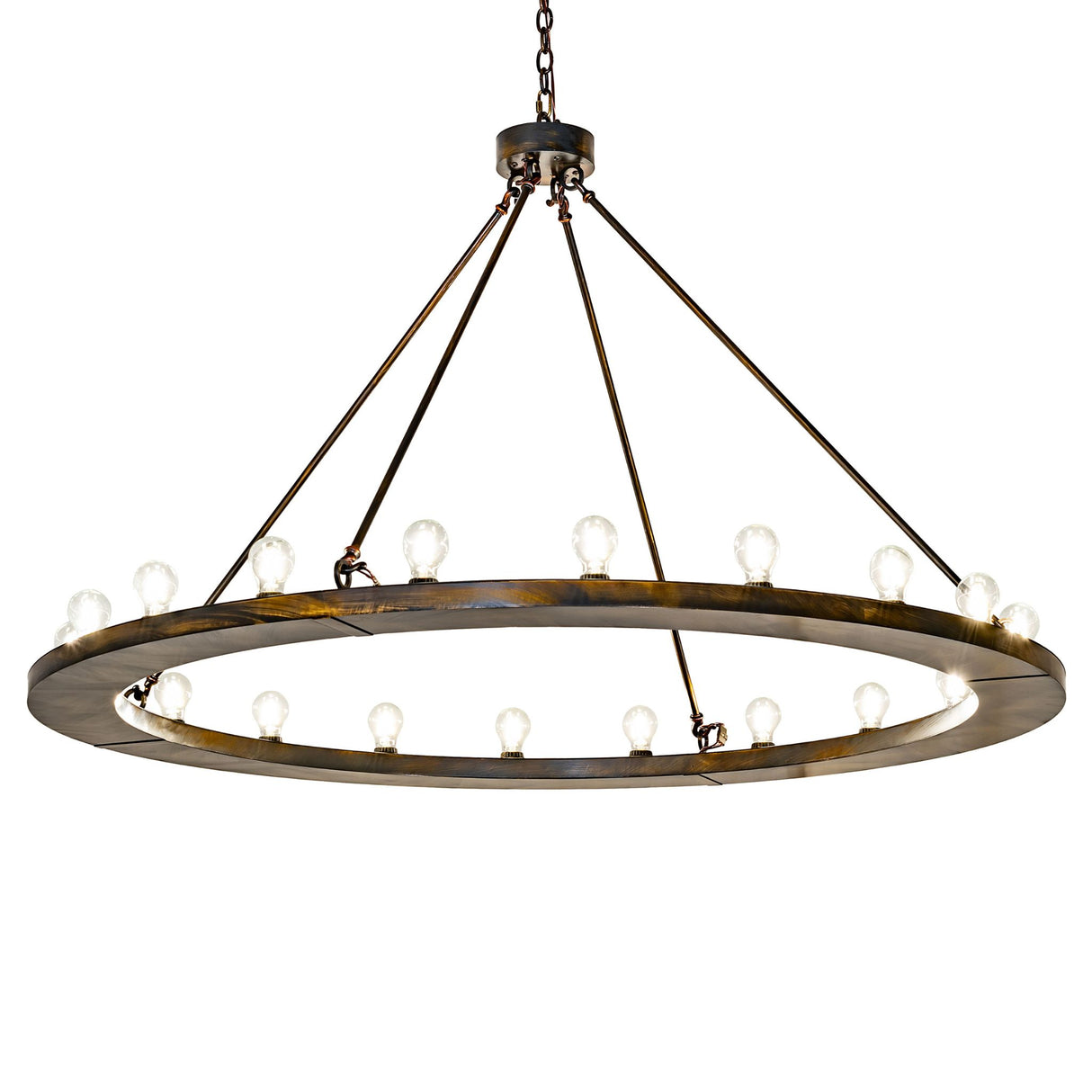 Loxley 20 light chandelier illuminated with Edison-style bulbs, showing warm ambient lighting.
