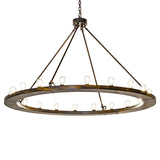 Loxley 20 light chandelier illuminated with Edison-style bulbs, showing warm ambient lighting.