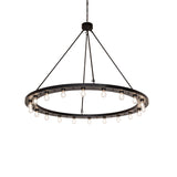 Lit view of the 20-light chandelier showcasing Edison bulbs and solar black circular frame.