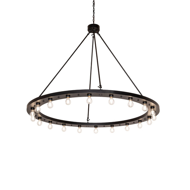 Lit view of the 20-light chandelier showcasing Edison bulbs and solar black circular frame.