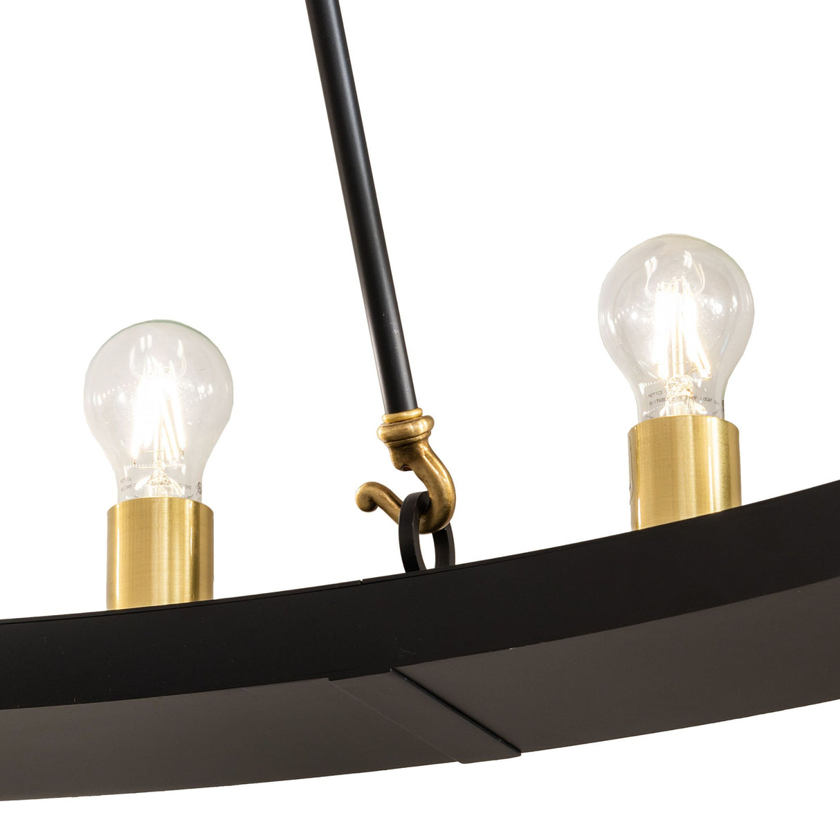 Close-up of Loxley chandelier ring with brass bulb holders and suspension rod connection.