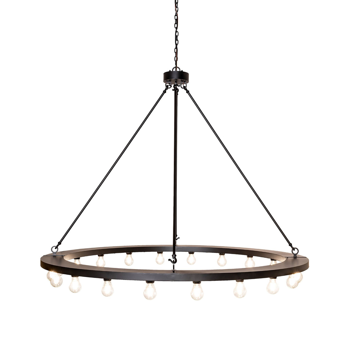 Side angle view showing the suspended circular frame and evenly spaced Edison-style lamps.