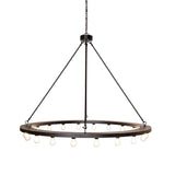 Side angle view showing the suspended circular frame and evenly spaced Edison-style lamps.