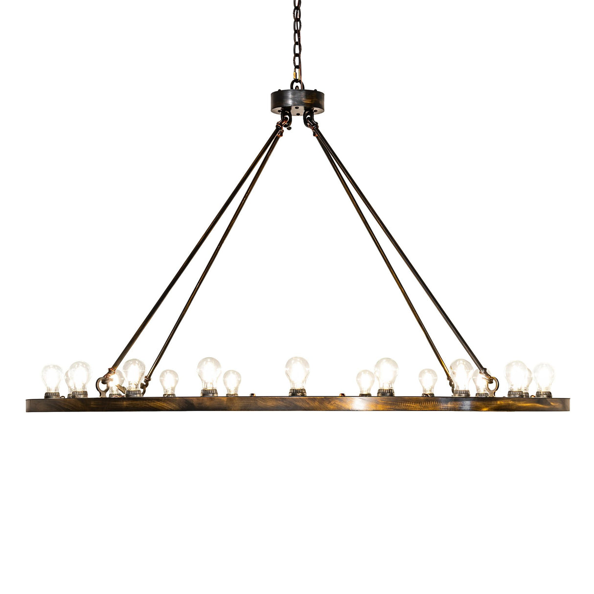 Side view of the 20 light chandelier showing slim circular profile and hanging chain.