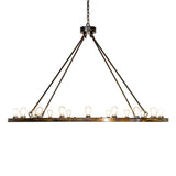 Side view of the 20 light chandelier showing slim circular profile and hanging chain.