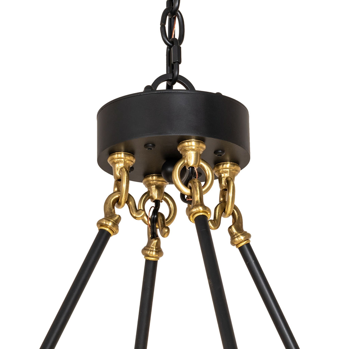 Close-up of 20 light chandelier suspension rods, chain, and brass connectors.