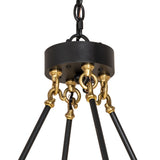 Close-up of 20 light chandelier suspension rods, chain, and brass connectors.