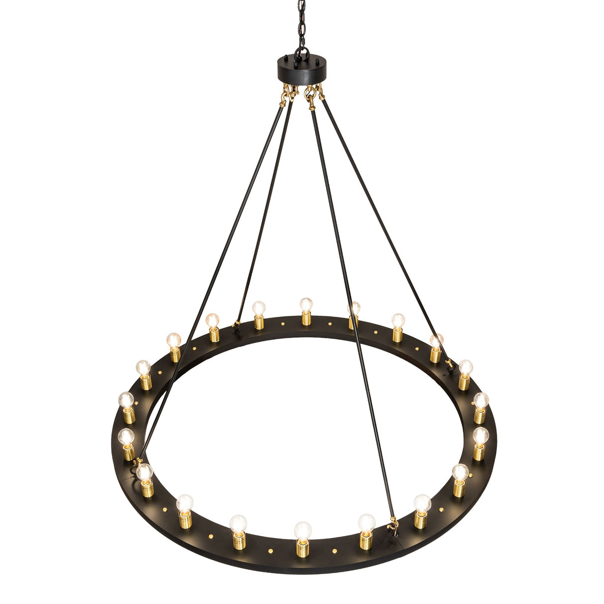 Top view of 20 light chandelier showing circular ring, support rods, and bulb layout.
