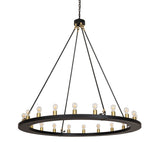 Loxley 20 light chandelier unlit, highlighting black circular frame and brass accents.