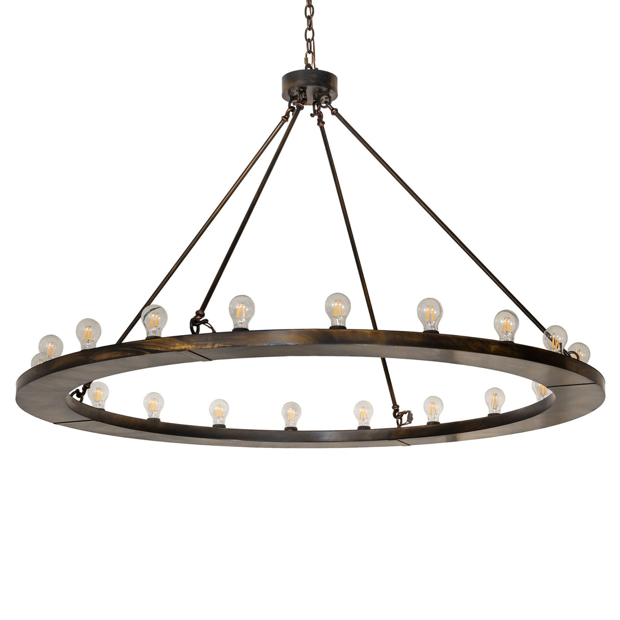 Loxley 20 light chandelier featuring an antique black finish and circular ring design, unlit.