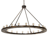 Loxley 20 light chandelier featuring an antique black finish and circular ring design, unlit.