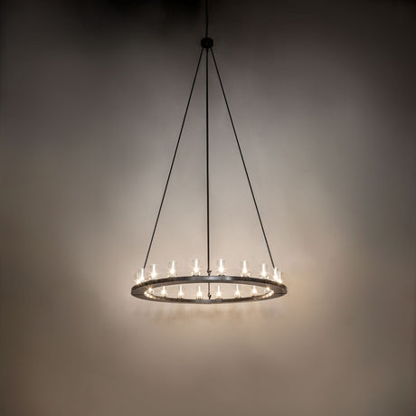 Loxley 20-light chandelier shown in ambient lighting highlighting its circular ring design.