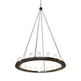 Bottom angle view of the chandelier emphasizing the glass cylinder light arrangement.