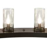 Detail view of two illuminated clear glass cylinder shades mounted on the chandelier ring.
