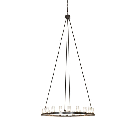 Lit view of the chandelier with clear glass cylinder shades and bronze finish.