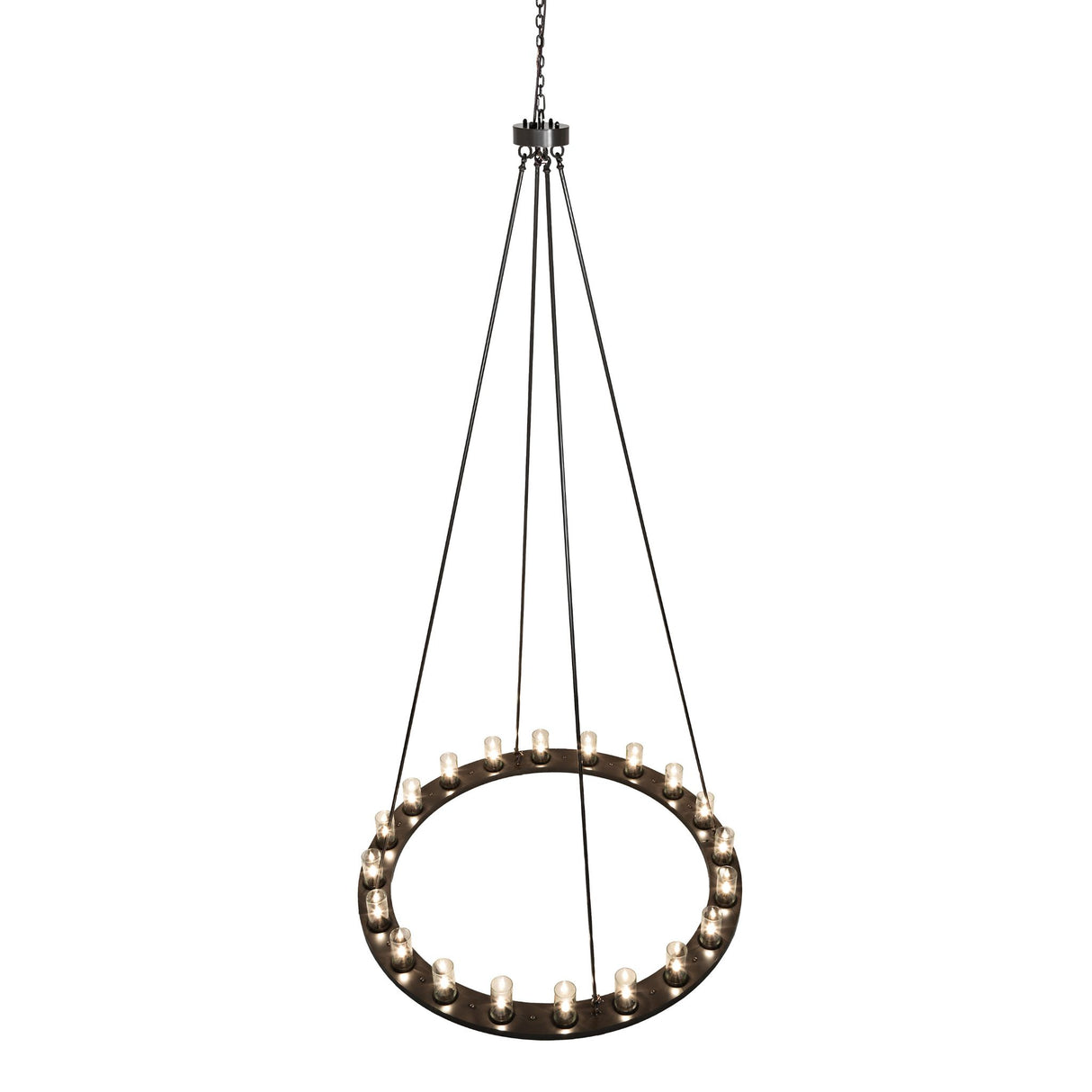 Top angle view of the chandelier showing suspension rods and circular ring layout.