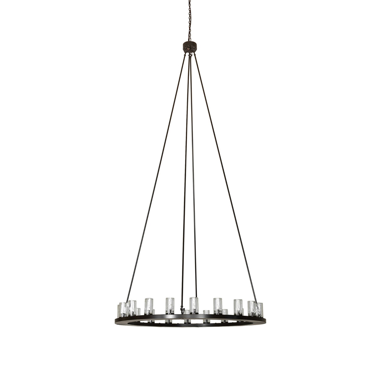 Unlit view of the chandelier showing clear glass cylinders and metal frame.